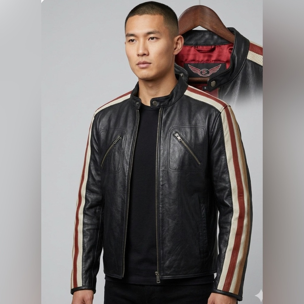 Black Leather Jacket by STREET LEGAL with Red and Tan Stripes, MENS Small EUC